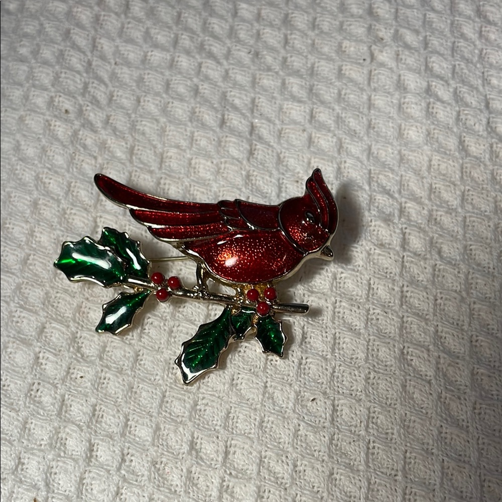 Red Bird Brooch with Green Accents 2” cardinal Christmas costume jewelry